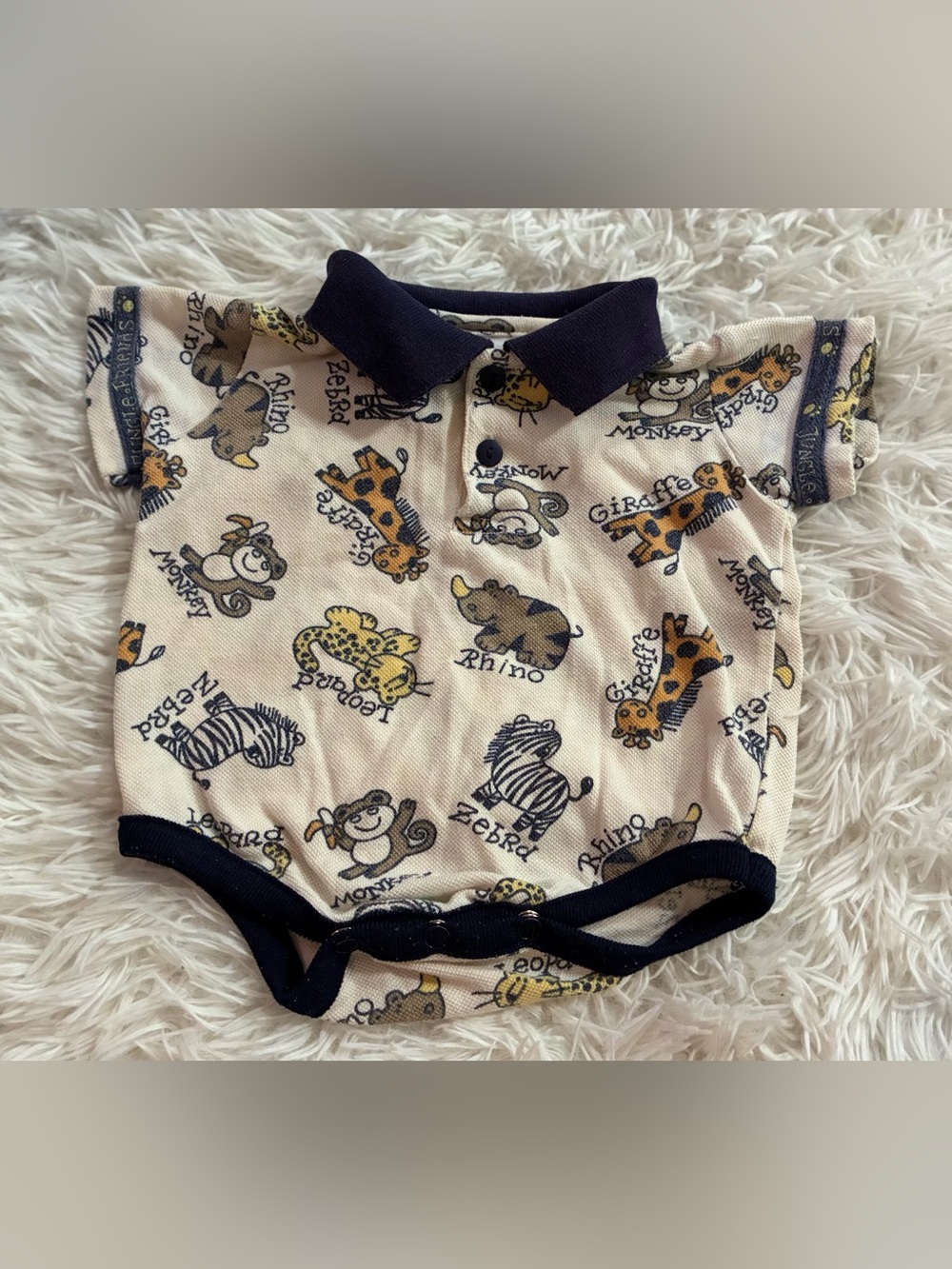 Vintage 90s Small Steps Zoo Jungle Animals Polo Collared Bodysuit Baby Boy 6-9M